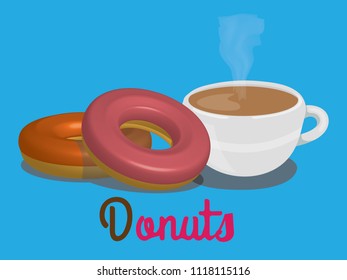 Donuts with coffee cup banner, icon, symbol, sign, logo Isolated. 3D style graphic design Template. Can be used as poster, label, sticker, ads in candy, bakery store or market. Vector EPS10