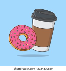 Donuts And Coffee Cup Cartoon Vector Illustration. Disposable Coffee Cup And Donut Flat Icon Outline