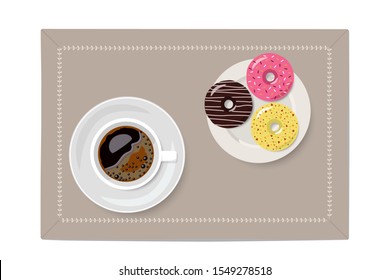 Donuts and coffee cup on linen napkin. Vector illustration