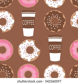 Donuts and coffee to go, seamless pattern vector. Colorful background with food icons, collection of confectionery. Decorative wallpaper, good for printing