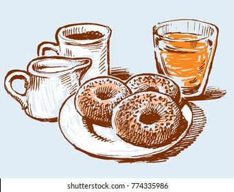 Donuts with coffee and juice