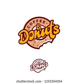 Donuts and Coffee logo. Cafe or bakery emblem. Bitten Donut with lettering and small candies. Monochrome option.