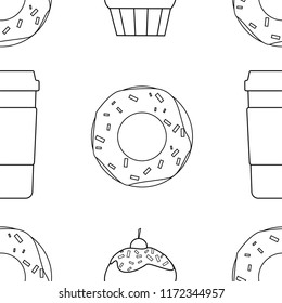 donuts and coffee seamless on a white background.