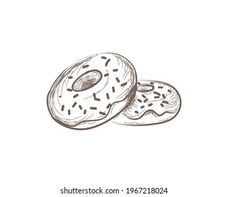 Donuts. Coffee time, breakfast. Hand-drawn. Charcoal, line, pencil. Isolated on white. Vector illustration.