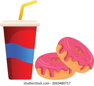 Donuts and cold drink vector art and illustration