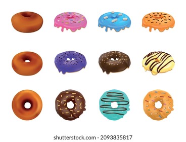 Donuts collection of colored glazed sweet pastries isolated on white background realistic vector illustration