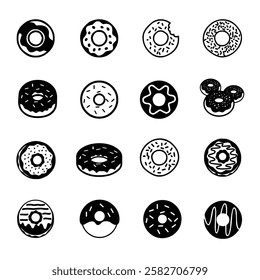 Donuts collection with hand drawn outline donut icons. Cute donuts collection. Cute donuts Doodles Donuts Sketch. Vector illustration