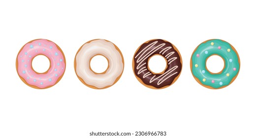 Donuts. Collection of donuts with multicolored glaze. A set of sweet donuts. Sweet dessert. Fast food. Vector illustration isolated on a white background