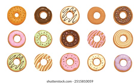 Donuts collection. Sweet doughnut pastry with sprinkles, glaze and frosting, colorful sweet pastry dessert for bakery cafe menu. Vector set of doughnut food and pastry, sweet dessert illustration