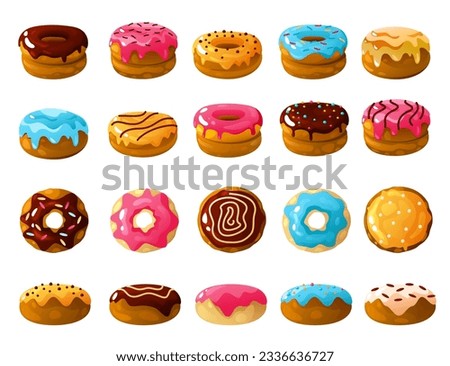 Donuts collection. Sweet doughnut pastry with sprinkles, glaze and frosting, colorful sweet pastry dessert for bakery cafe menu. Vector set of doughnut food and pastry, sweet dessert illustration