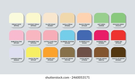 Donuts Color Guide Palette with color Names. Catalog Samples Icing with RGB HEX codes and Names. Essenes Colors Palette Vector, Food and Drink Color Palette, Food Trend Pantone Color Palette