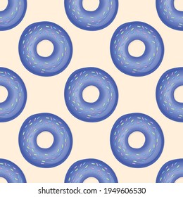 Donuts with color icing and multicolored powder on a color background. 3d realistic food seamless pattern. Template modern design for poster, card, fabric, textile. Realistic vector illustration.