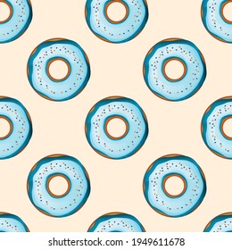 Donuts with color icing and multicolored powder on a color background. 3d realistic food seamless pattern. Template modern design for poster, card, fabric, textile. Realistic vector illustration.