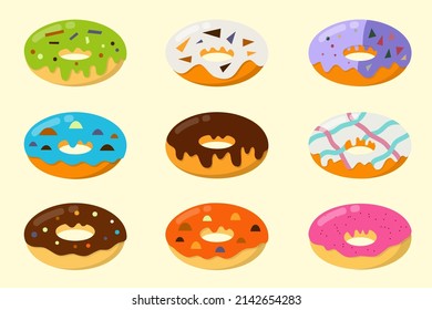 Donuts en vidrieras de colores, dulces variados, bollería para el diseño del menú, decoración de cafés y un juego de tapas de cristal para las cajas de reparto. Ilustración vectorial.