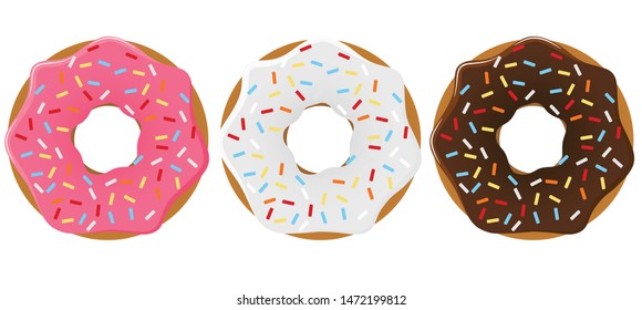 	
Donuts with colored glaze and colorful sprinkles. Vector