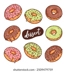 Donuts with colorful and chocolate cream icing with confectionery sprinkles collection. Hand drawn sweet pastry illustration