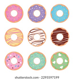 Donuts. Donuts in colorful glaze, children's sweets in assortment, pastries for menu design, cafe decoration and delivery boxes.