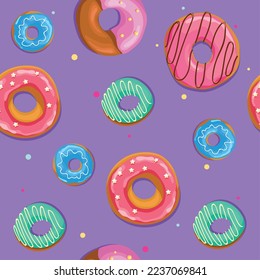 Donuts with colorful glaze and sprinkles on violet background. Seamless vector pattern.