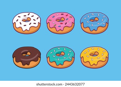 Donuts with colorful icing and sprinkles vector illustration,