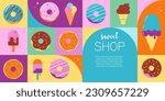 Donuts colorful pastel icons, graphic elements and illustrations collection. Sweet summer fun series. Vector banner and poster design.