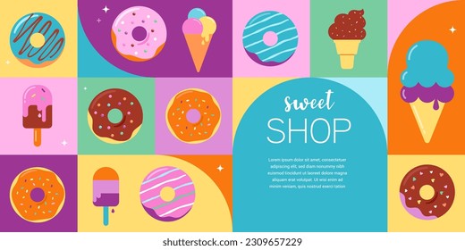 Donuts colorful pastel icons, graphic elements and illustrations collection. Sweet summer fun series. Vector banner and poster design.