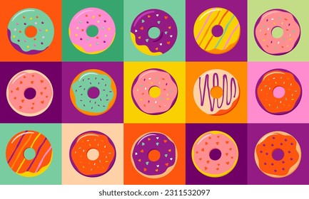 Donuts colorful pattern, banner background, icons and illustrations collection