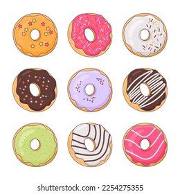 Donuts. Colorido conjunto de donuts con diferentes coberturas sobre un fondo blanco. Ideal para decorar cafés, menús y cajas de reparto. Vector.