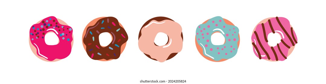 Donuts in colorfull glaze, decorated with sprinkles and chocolate. View from above. Vector illustration for menu design, cafe decoration, delivery boxes. Donuts vector illustration in flat style.