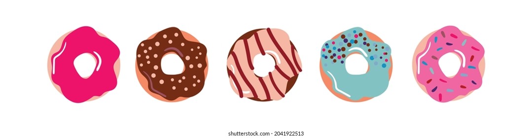 Donuts in colorfull glaze, decorated with sprinkles and chocolate. View from above. Vector illustration for menu design, cafe decoration, delivery boxes. Donuts vector illustration in flat style.