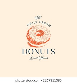 Donuts Confectionary Abstract Sign, Symbol or Logo Template. Hand Drawn Sweet Donut and Typography. Local Bakery Vector Emblem Concept. Isolated.