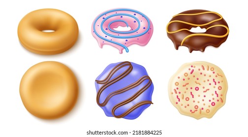 Donuts constructor. Realistic sweet buns and different glazes and toppings, top and side view, mixed flavors cakes kit, chocolate and vanilla lavender, sweet desserts, utter vector 3d set