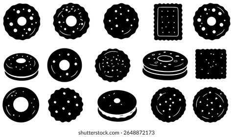 Donuts and Cookies in Monochrome Silhouette Style for Café Packaging and Bakery Branding Concepts