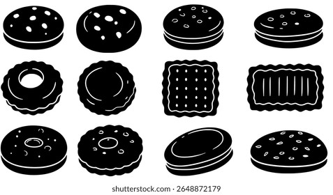 Donuts and Cookies in Realistic Black Silhouette for Dessert Menu and Sweet Food Iconography