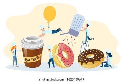 Сhefs donuts cooking food concept vector illustration. Little chefs prepare delicious donuts for coffee