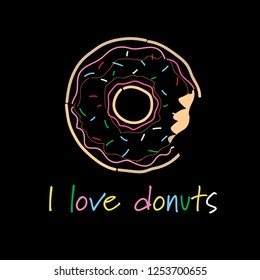donuts covered colorful icing bitten off lettering template greeting card black background