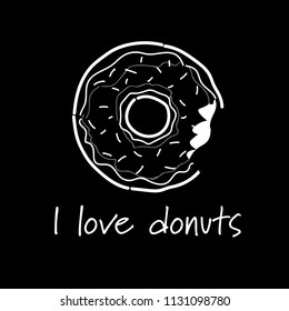 donuts covered icing bitten off lettering template greeting card black background vector illustration