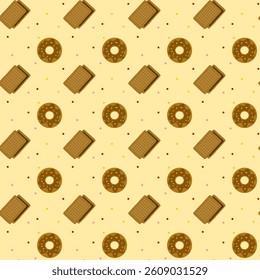 Donuts and crackers on polka dot background , yellow background image , fabric pattern , gift wrapping paper, seamless pattern