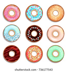 Donuts with cream and chocolate. Vector illustrations of sweets. Donut food chocolate, sweet delicious bakery
