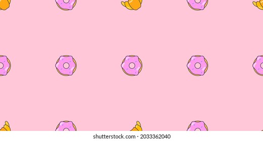 Donuts and croissant seamless pattern. Vector background from sweet pastries for design. Pastry concept.