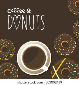 Donuts and cup of coffee or hot chocolate. Background for poster or menu design. Sweet sugar icing doughnuts in the glaze with colorful sprinkle topping. Flat style graphics. Vector eps10 illustration