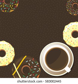 Donuts and cup of coffee or hot chocolate. Background for poster or menu design. Sweet sugar icing doughnuts in the glaze with colorful sprinkle topping. Flat style graphics. Vector eps10 illustration