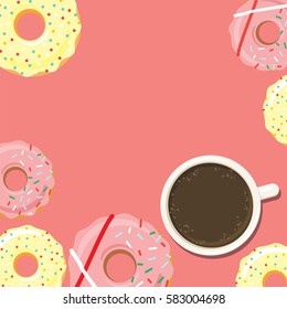 Donuts and cup of coffee or hot chocolate. Background for poster or menu design. Sweet sugar icing doughnuts in the glaze with colorful sprinkle topping. Flat style graphics. Vector eps10 illustration