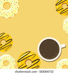 Donuts and cup of coffee or hot chocolate. Background for poster or menu design. Sweet sugar icing doughnuts in the glaze with colorful sprinkle topping. Flat style graphics. Vector eps10 illustration