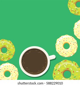 Donuts and cup of coffee or hot chocolate. Sweet sugar icing doughnuts in the glaze with colorful sprinkle topping. Flat style background for poster, menu or banner design. Vector eps10 illustration.