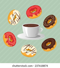 Donuts with cup of coffee on blue background