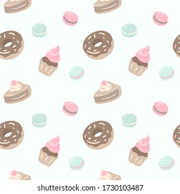 Donuts, cupcake and macarons seamless pattern. Beige and pastel mint colors. Coffee break party element. Great for restaurant, shop, fabric print, cover, tag, wrapping, background for your projects