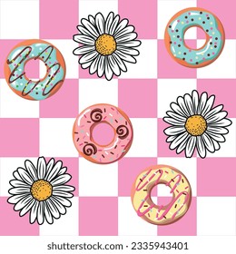 Donuts and daisies on checkered board, vector for fashion, card, sticker, wall art, poster prints