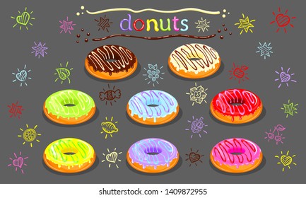 Donuts decorated with doodles in the form of stars, hearts, and food. Appetizing sweet snack. Print and logo for bakery, pastry shops, etc. Color fill isn't the gradient. Vector illustration.