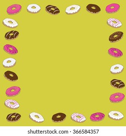 Donuts decorative frame on the green background
