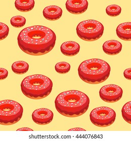 Donuts dessert with red glaze color seamless pattern. Strawberry donut